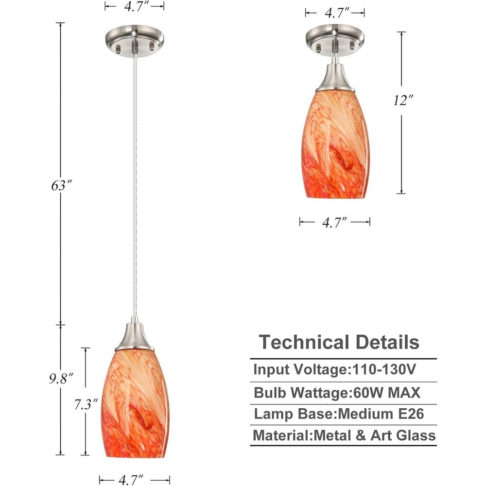 Red Marble Art Glass Mini Pendant Light, Brushed Nickel - Picture 2 of 4